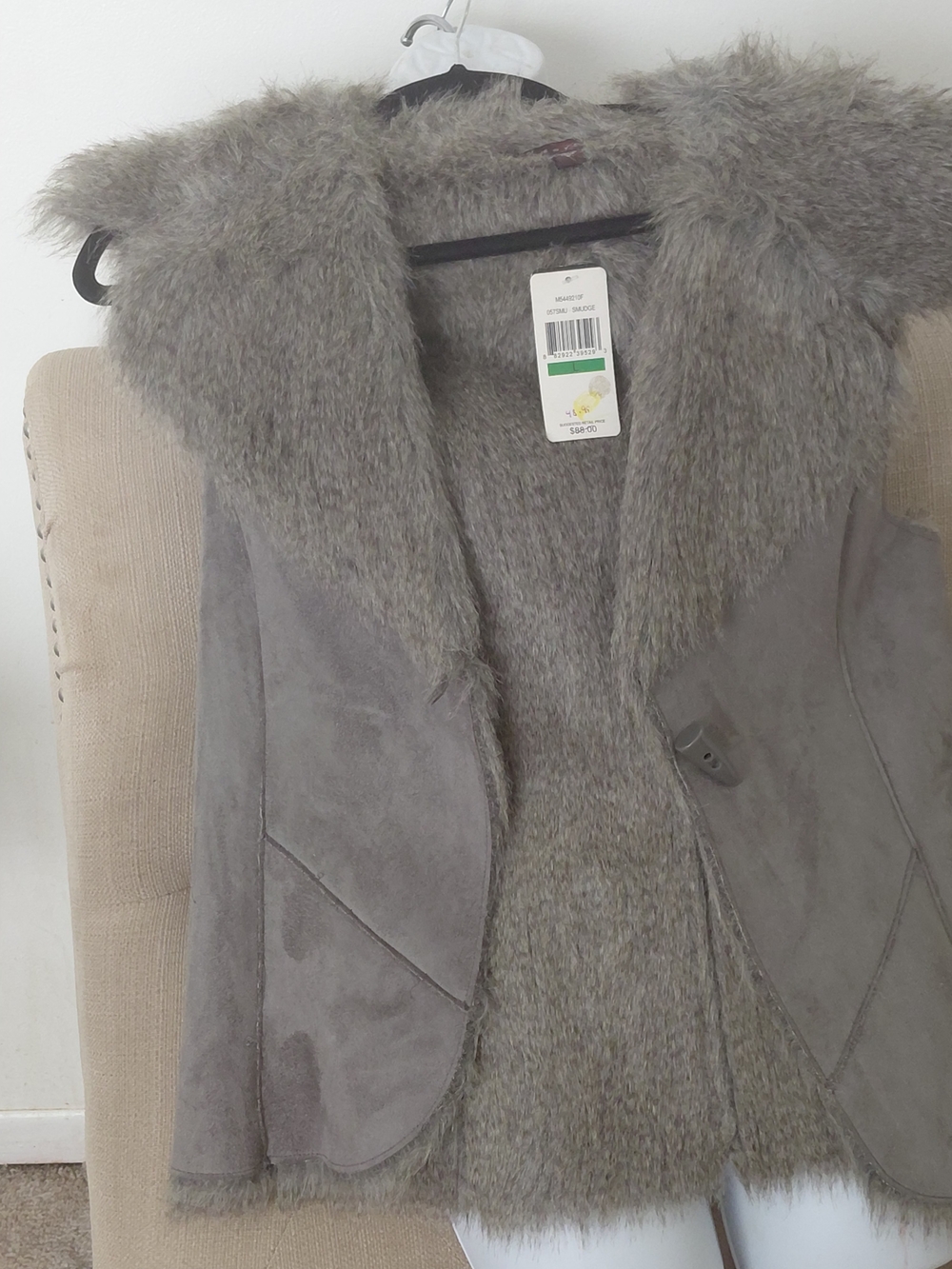 Eve Gray Faux Suede Vest with Plush Faux Fur Trim